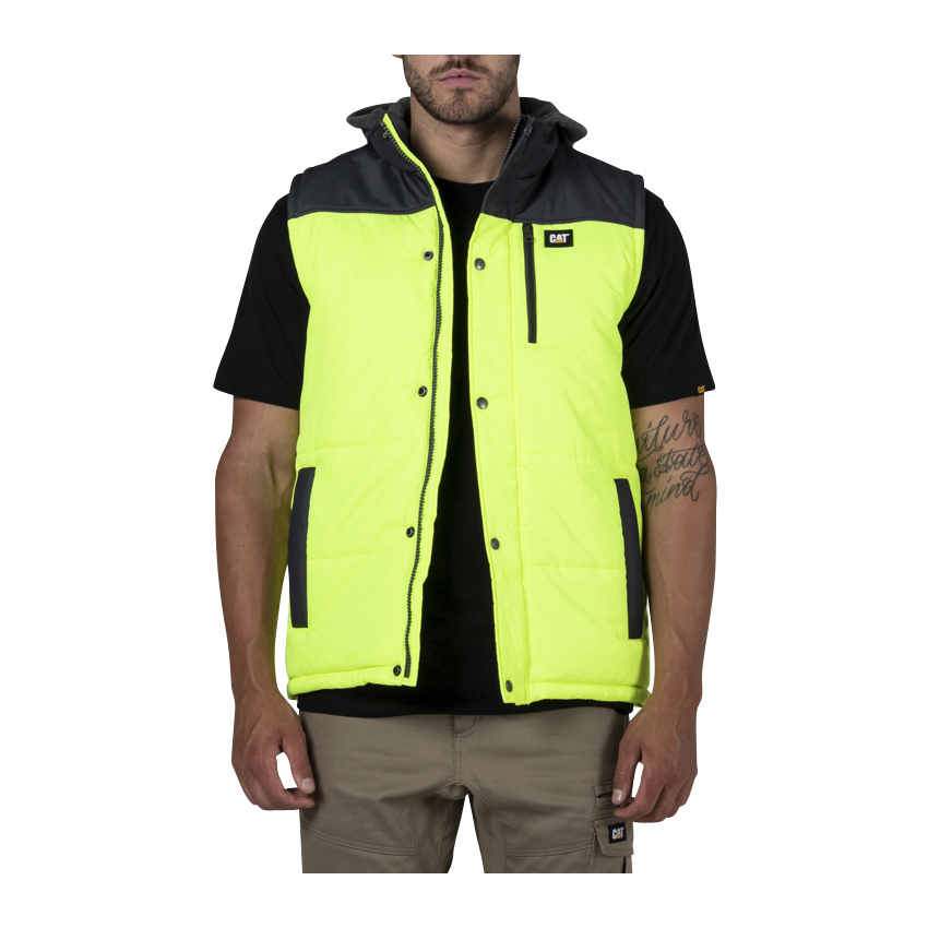 Men's Caterpillar Hi Vis Hooded Work Vests Yellow/Black Ireland FKGH02167